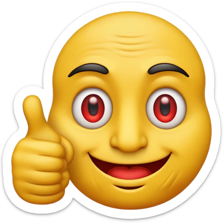 a yellow emoji with a thumbs up but it is really cursed like red eyes and detailedwrinkles sticker