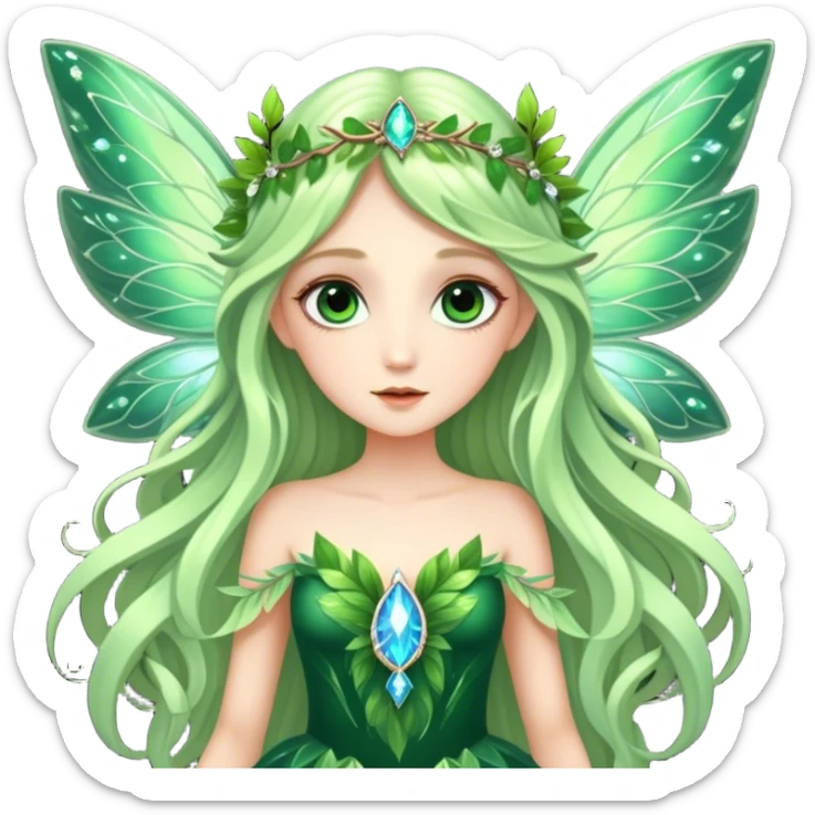 CGI, ultra detailed Forest fairy with long flowing hair, large shinning eyes, and beautiful jewel like luminescent wings. She is wearing a gorgeous gown of leaves. The image is so lifelike it could leap off the page at any moment sticker
