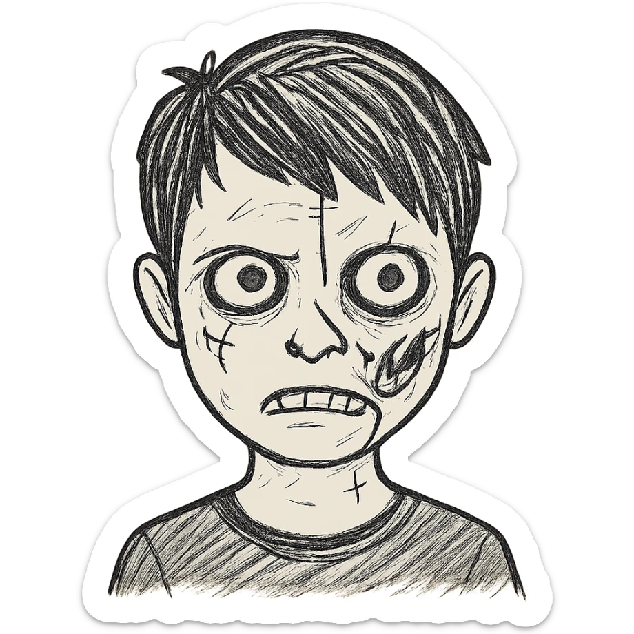 Add more zombie details such as greenish skin, visible stitches, and a scar. Keep the emo black hair and black shirt. No background. sticker