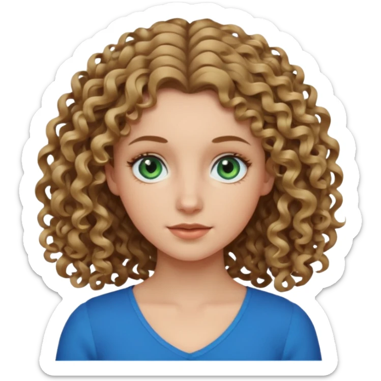 white girl with dark blonde shoulder length curly hair and blue-green eyes, neutral expression sticker