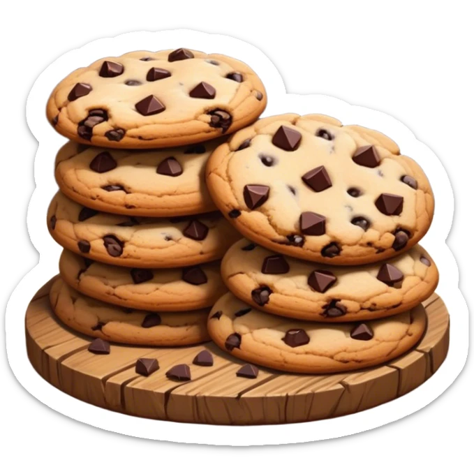 Cinematic crunchy chocolate chip cookies, freshly baked, golden-brown with gooey melted chocolate chunks, stacked on a rustic wooden plate, soft warm lighting, cozy and delicious. sticker