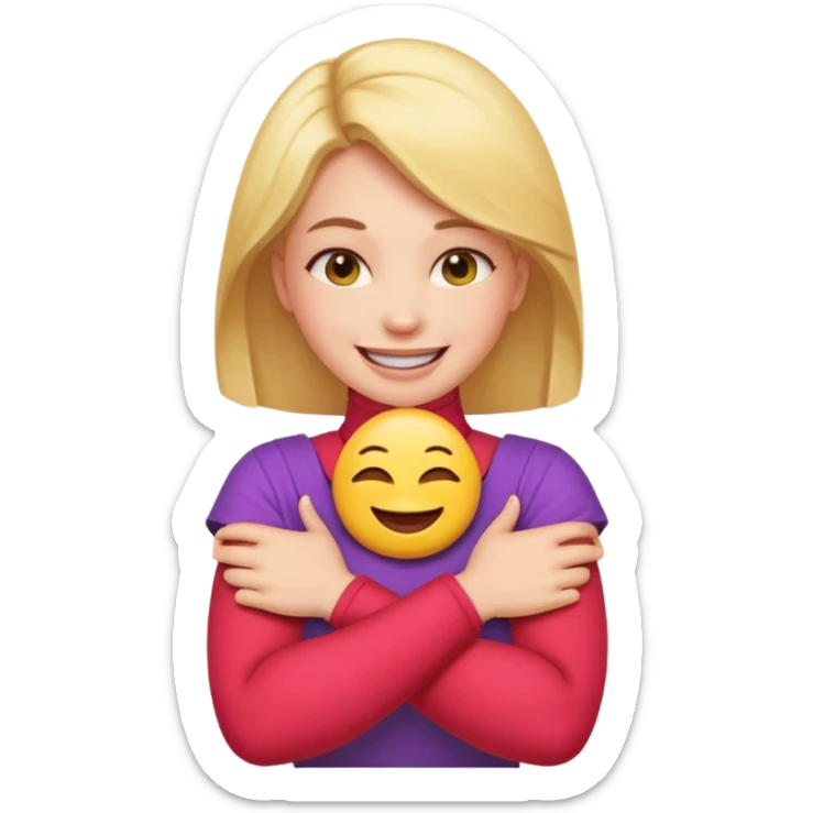 A woman with arms crossed holding neck laughing emoji sticker