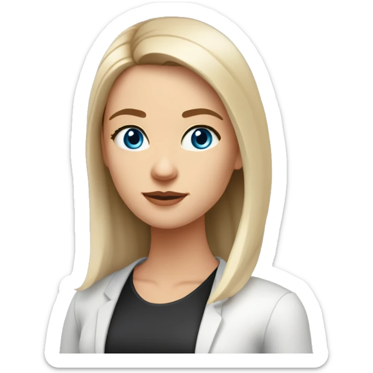 Slavic woman with blue eyes, eyes look up, fair skin, straight gradient medium length hair, eyes makeup, dressed in white T-shirt and office black jacket, one side of hair is tucked behind the ear. sticker