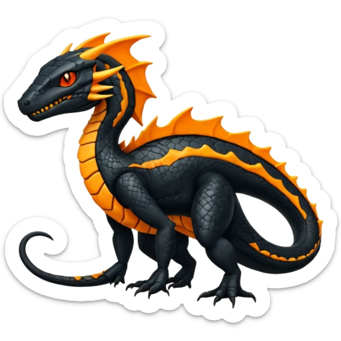 Magmatic fiery badass cool obsidian-Black and golden-orange Helioptile-Amaura-Salandit-Fakémon-hybrid-creature (full body)  sticker