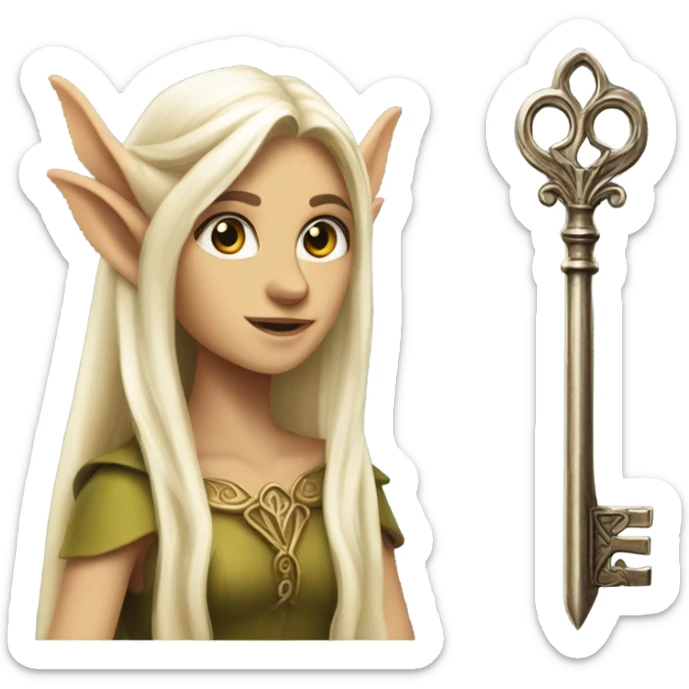 an elf woman login holding a big key sticker