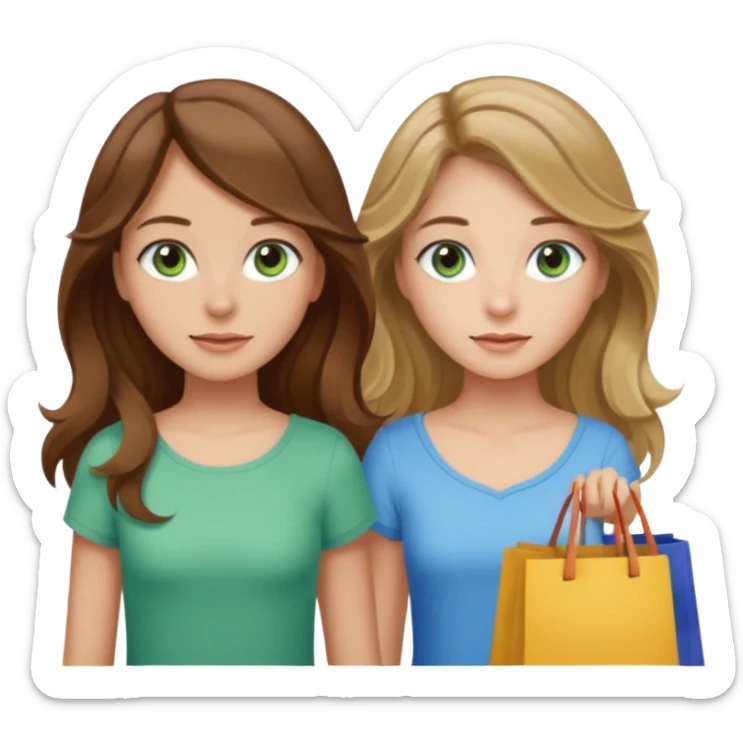 make me and my best friend togheter i have brown hair that falls on my shoulders and BROWN eyes and she has really long wavy brown hair with a little blonde and green/blue eyes we are shopping and i have BROWN eyes and i am taller than her sticker