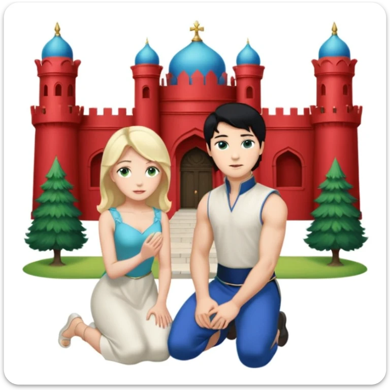 Man as prince, black Hair, blue eyes, woman, blonde, green eyes, shott white sleveless Dress, kneeling, background palace sticker