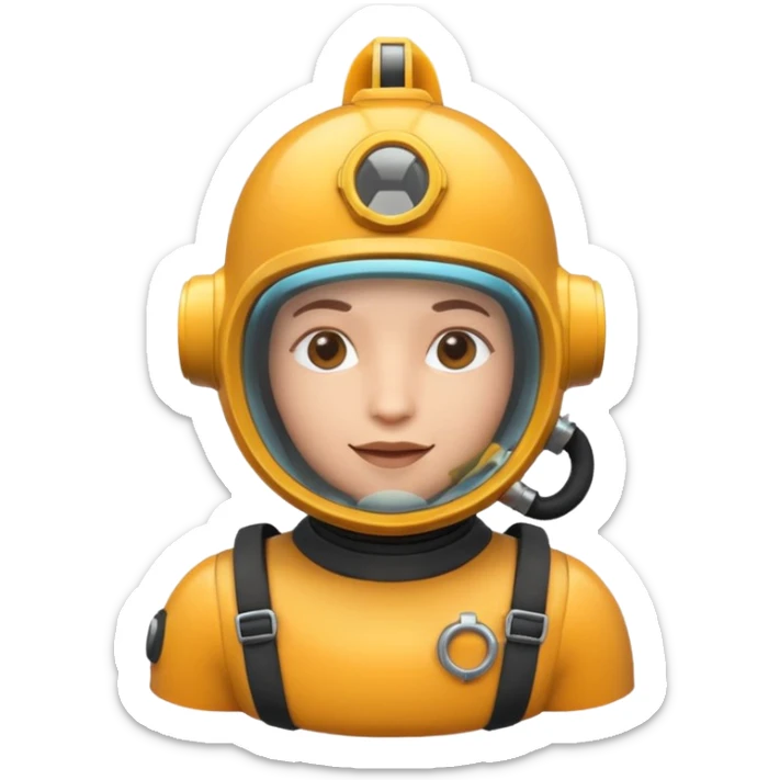 3D cartoon-style human character in the Apple emoji style, wearing a diving helmet with glass visor sticker