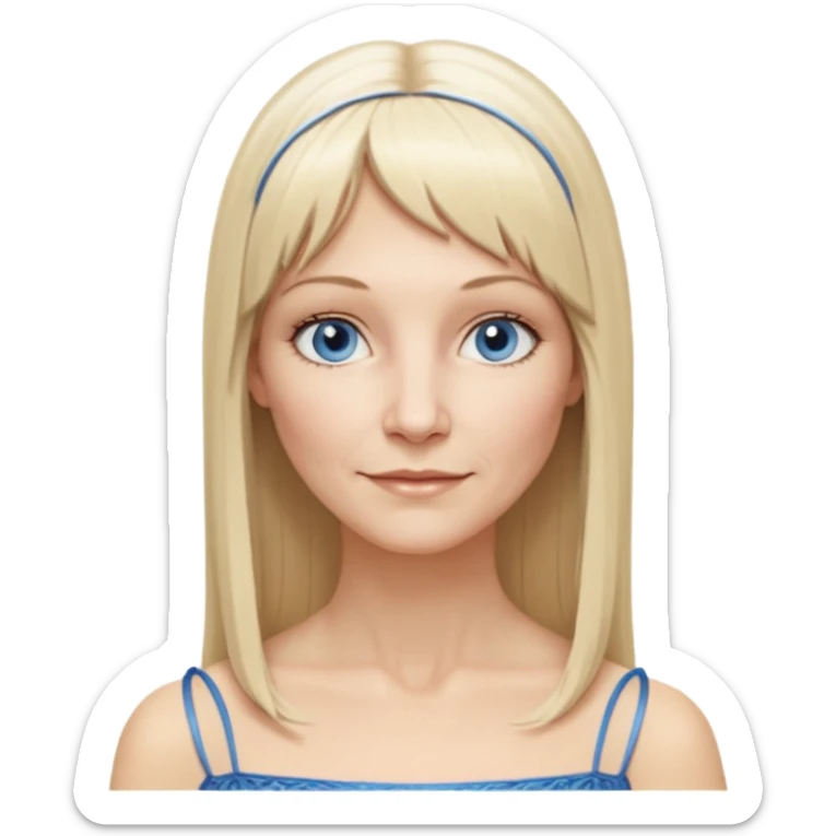 50 yr old white woman, hippie parted very long hair, short bangs, very long straight blond hair, oval face, small smile, blue eyes, thin face, hair downback, hair parted at center of head, round cheeks, pale, longer hair, white evening dress sticker