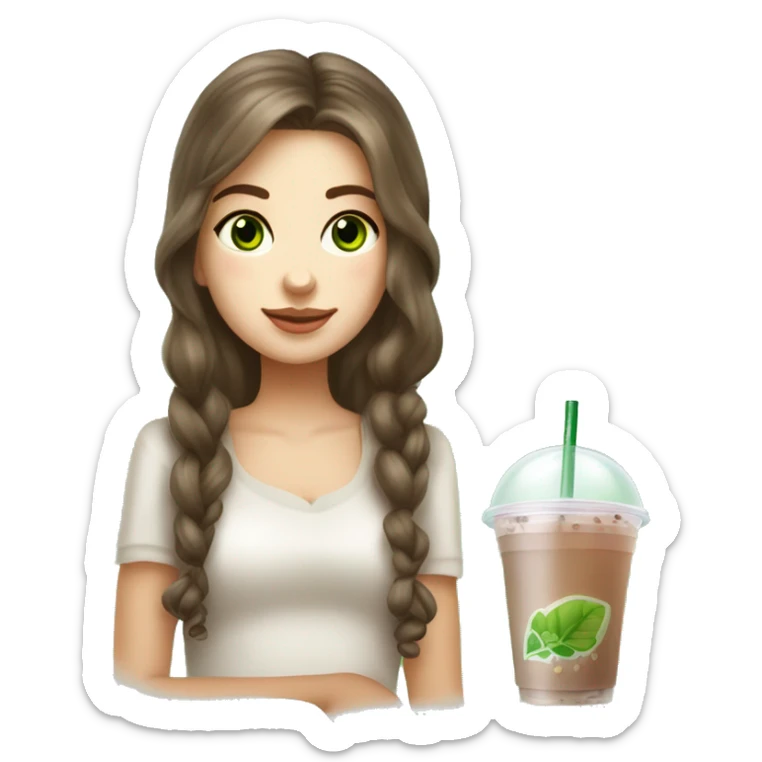 Slavic beautiful girl with brown hair and green eyes holding in hand bubble tea sticker