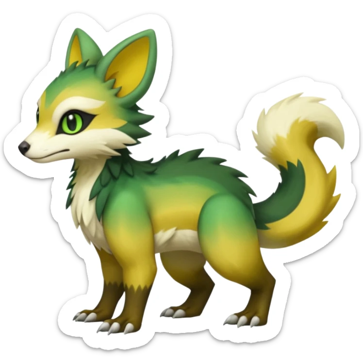 Cute cool handsome pesky vile feral realistic fantasy Green-yellow-brown-black-white-gradients Trico-Sergal-Furret-Vernid-fusion-Fakemon-animal-hybrid-creature, full body sticker