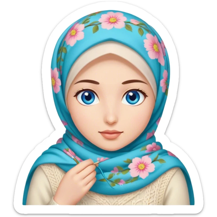 Turkish beautiful finish Konya girl blue eyes with spring floral hijab does knitting  sticker