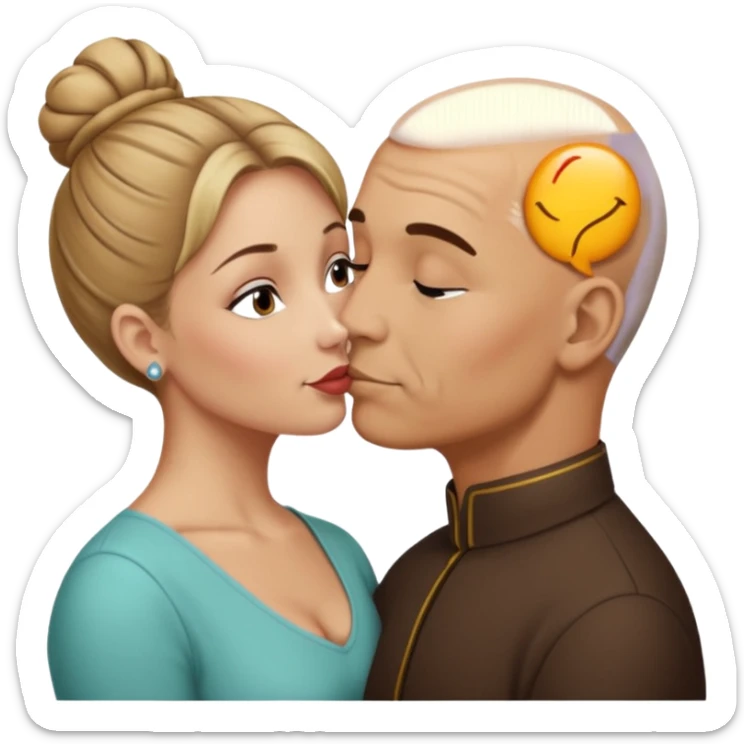 Mid aged Hispanic bald man kissing mid aged dark blonde white woman. She’s wearing a bun. sticker