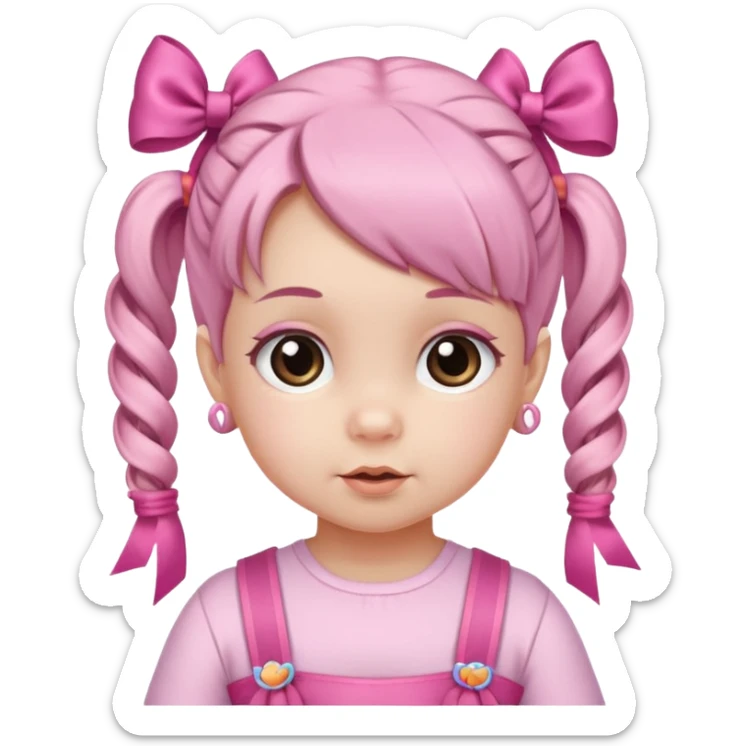 a baby girl with two ponytails and pink ribbons sticker