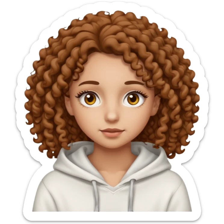 Una ragazza con una felpa semplice bianca,ha gli occhi marroni,i capelli marroni  , c’è gli ha lunghi e ricci molto ricci  ma non troppo e ha le ciglia stile emoji apple sticker