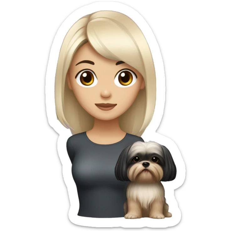 long black hair korean girl with her beige and black shih tzu yorkie. The dog has round face, short ears and has light distinct eyebrows  sticker