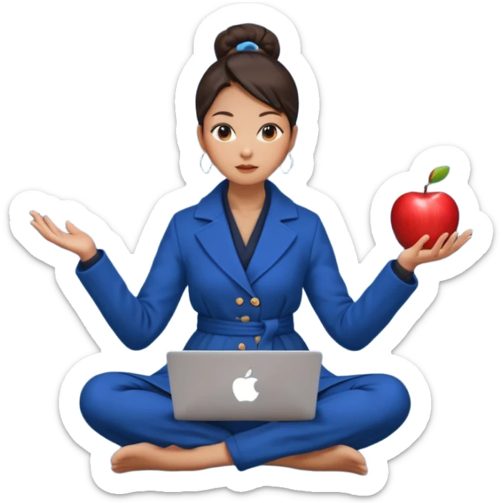 emoji of an asian woman with a single bun in a long blue coat sitting cross legged with dna levitating above one hand and an apple laptop above the other hand sticker
