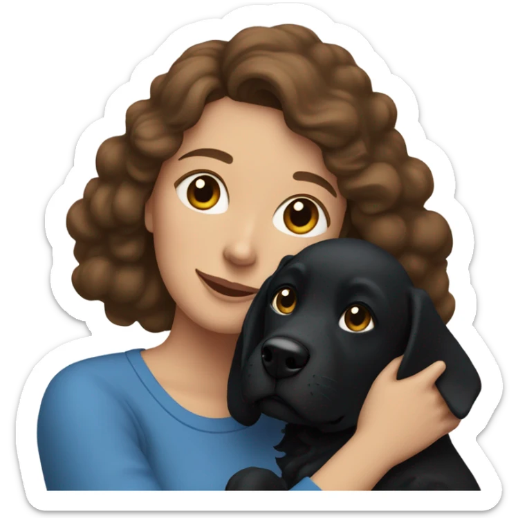 A lady with a brown hair and a blue sweatshirt petting a black dog sticker