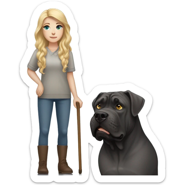 white woman with freckles, blue eyes and long blonde hair alongside a cane corso dog  sticker