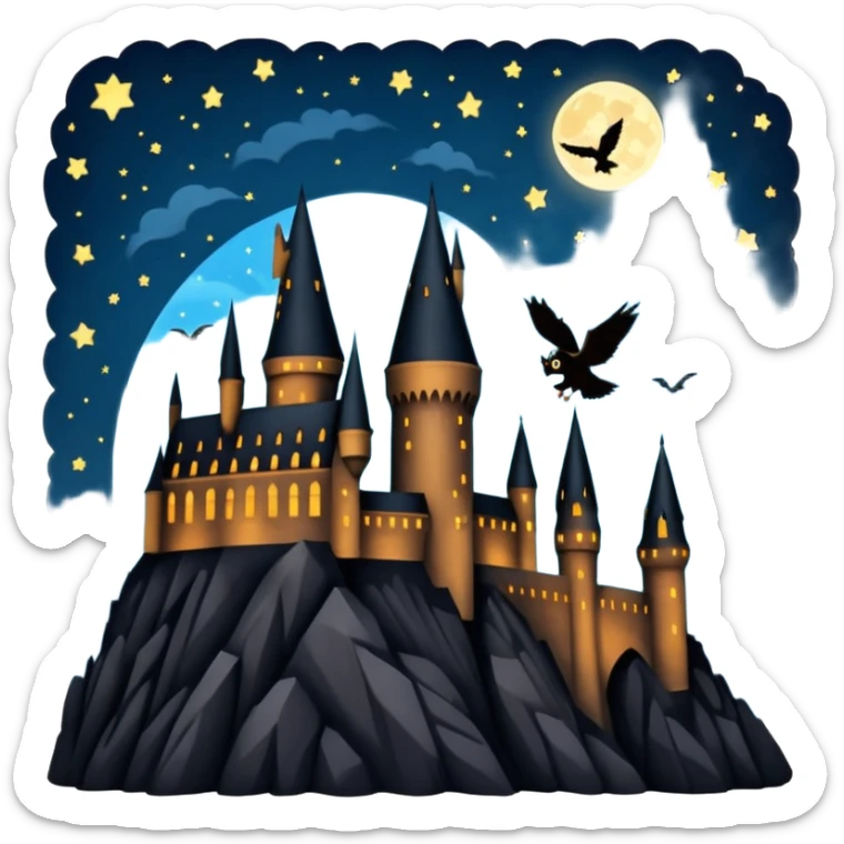 hogwarts castle on a starry night and owl flying in the air silhouette  sticker