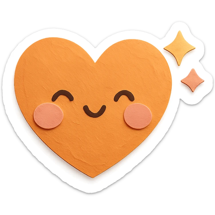 kawaii orange heart, blushing, tiny sparkles, soft pastel palette, no arms or legs, full body, paper craft style sticker