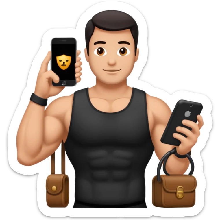 Mec musclé avec un téléphone dans les mains qui navigue sur so téléphone sticker
