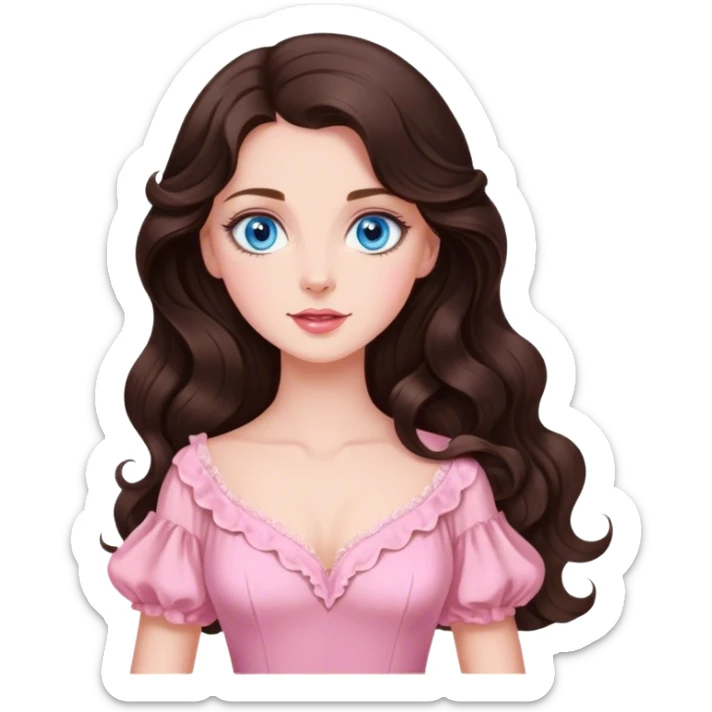 Beautiful royal Brunette with blue eyes and long wavy  hair in pink vintage  sticker