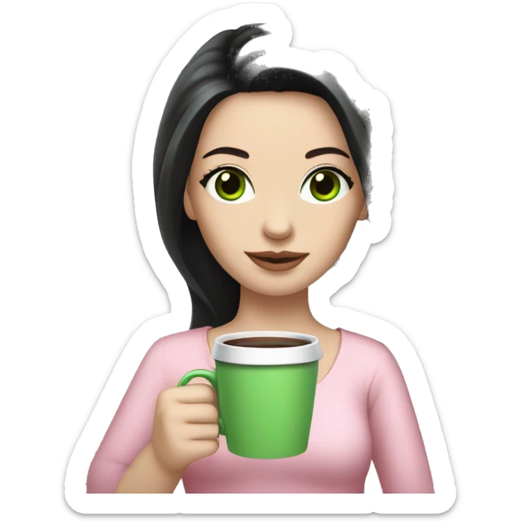 pretty woman with pale skin, very long black hair and green eyes and light pink outfit holding a pink coffee cup sticker