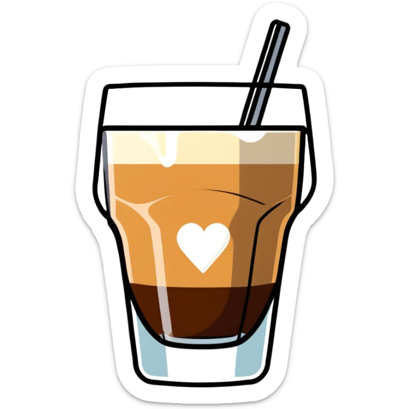 Cortado espresso drink in a small Gibraltar glass, milk and espresso coffee sticker