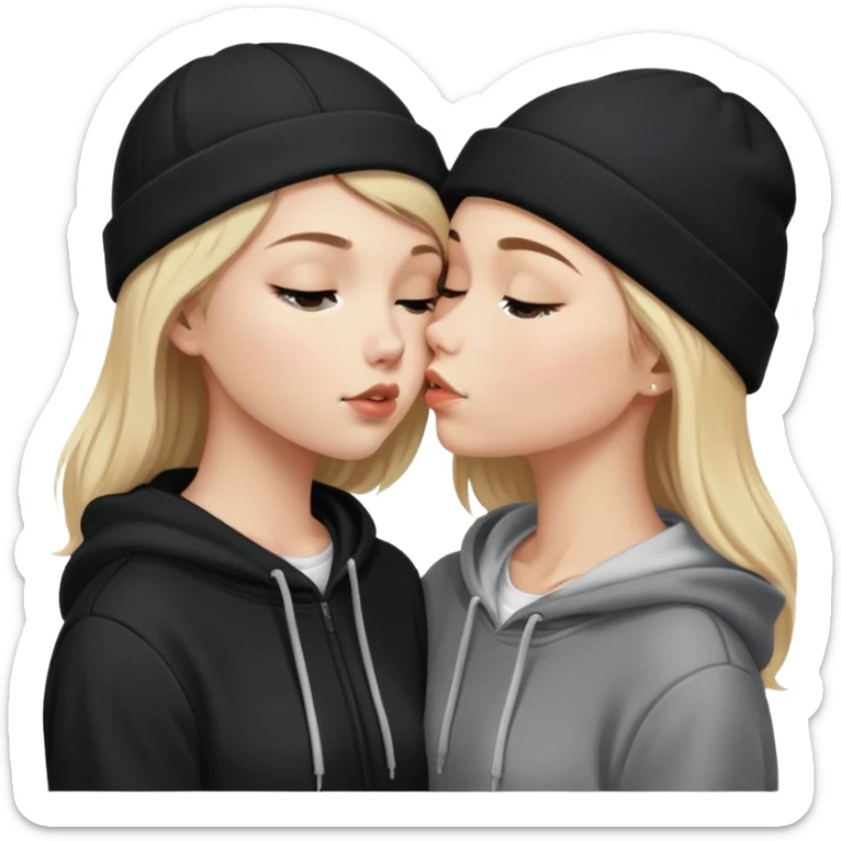 Short brunette haired white girl in a hoodie and a black beanie kissing a tall blonde haired girl  sticker