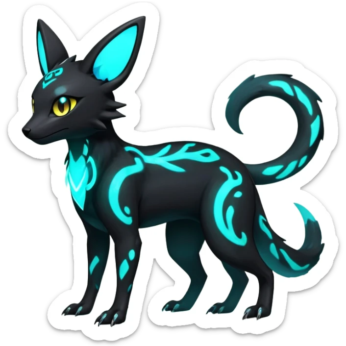 Rare realistic dark-neon glowing bioluminescent edgy badass epic pretty beautiful handsome gorgeous aesthetic colorful vibrant Vernid-Trico-Umbreon-Salandit-hybrid-species-Fakemon-creature by LiLaiRa, 4 legs, 1 tail, random markings, (full body) sticker