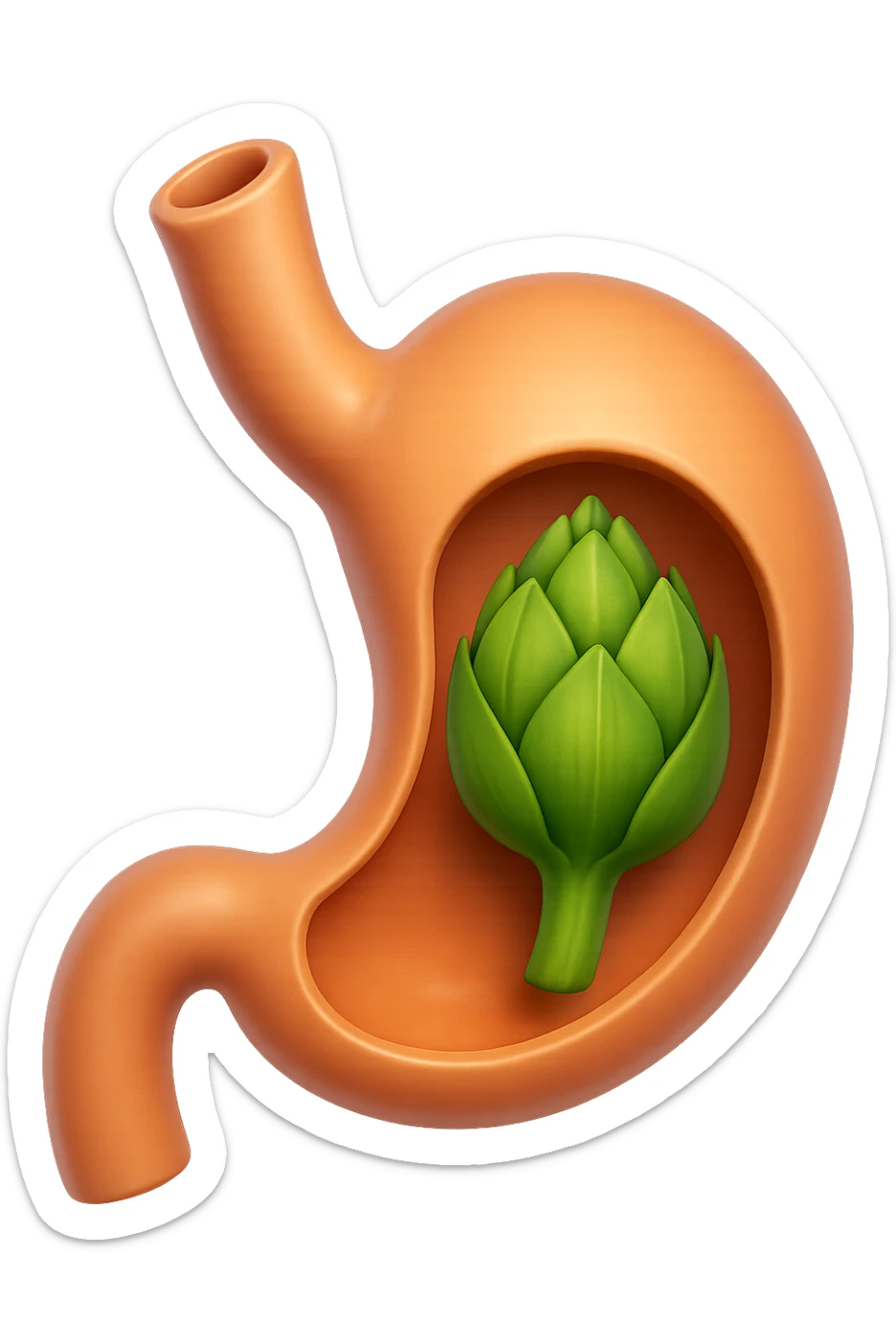 emoji stile iphone 3d di uno stomaco umano con una foglia di carciofo dentro, iperrealistico 4k sticker