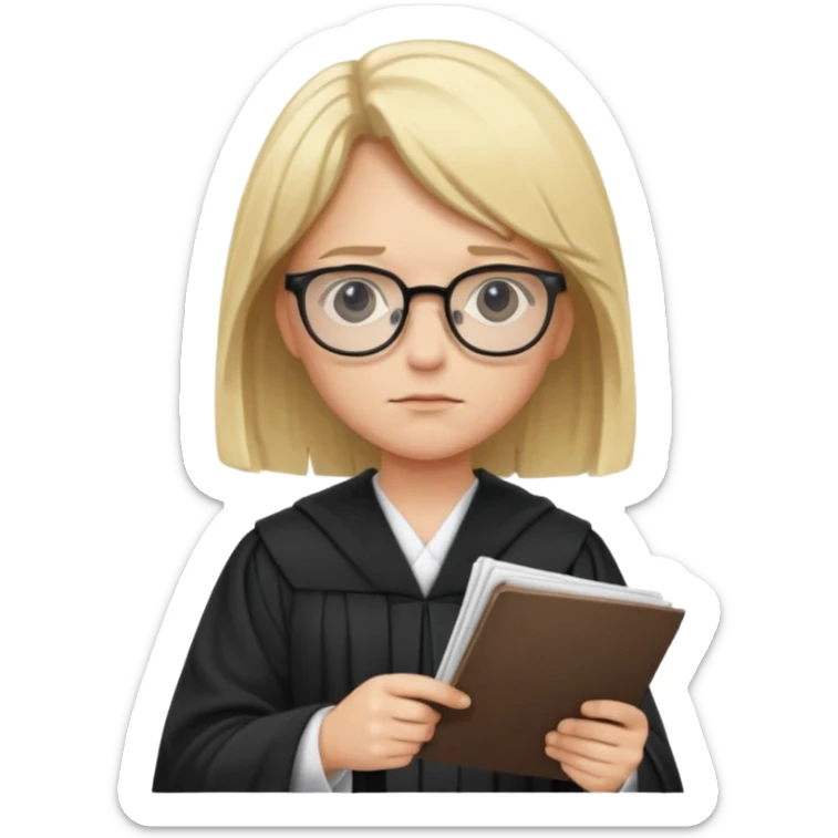Young judge, blonde hair with glasses and robe, hold a paper sticker