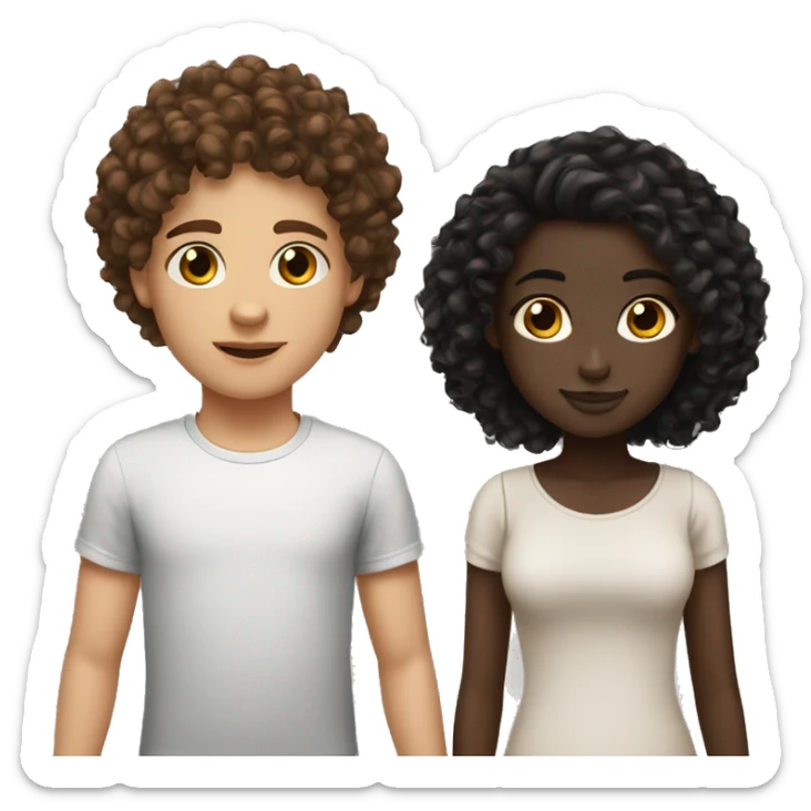 girl emoji light skin with curly brown hair and a boy emoji dark skin with curly hair black hair brown eyes sticker