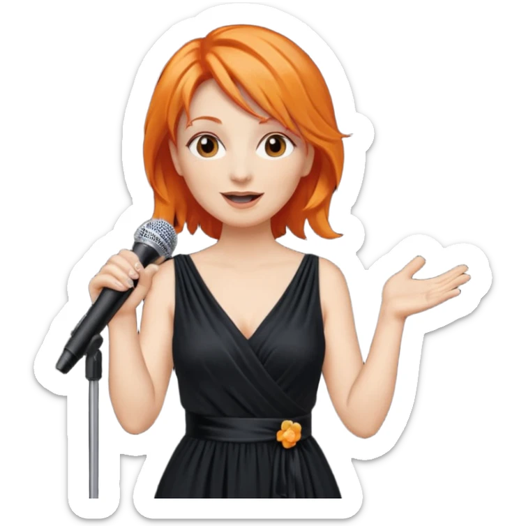 singer, Middle age, orange hair, happy, holding mic, wearing dress sticker
