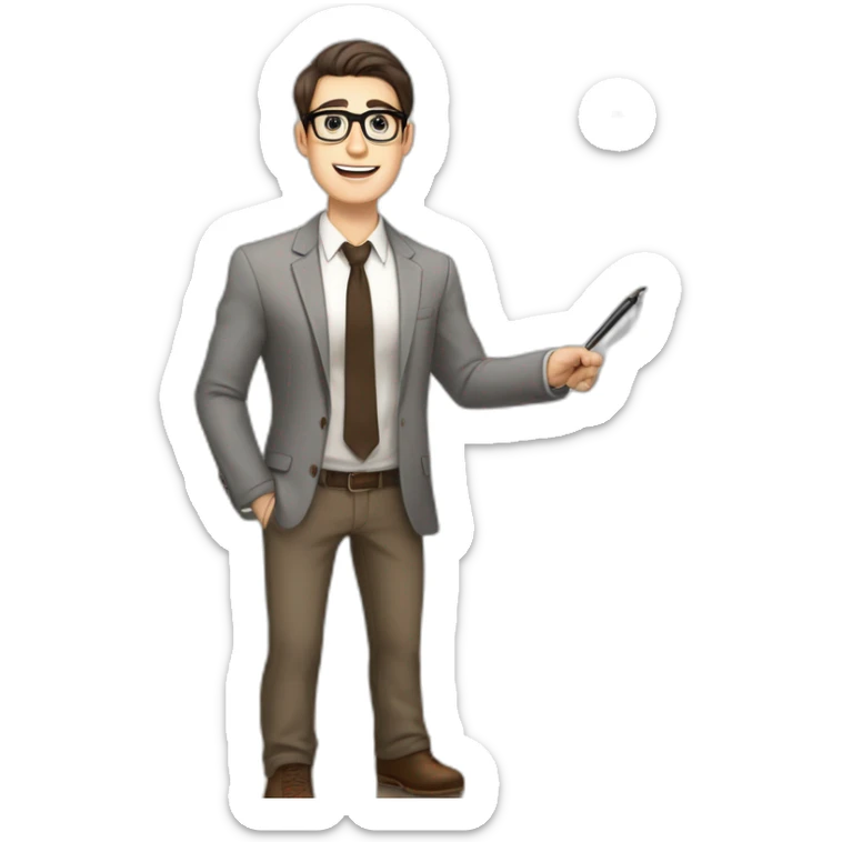 Pale skinned fit man with dark brown hair in gray jacket, beige office shirt, brown tie, brown pants and vintage glasses Writing text on a flipchart sticker