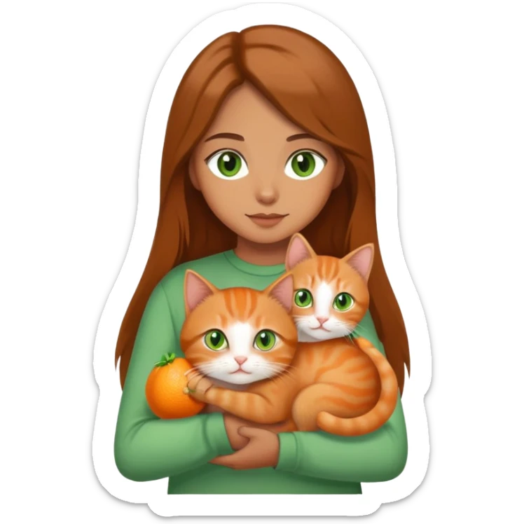 A brown long hair with green eyes holding a cute small orange cat sticker