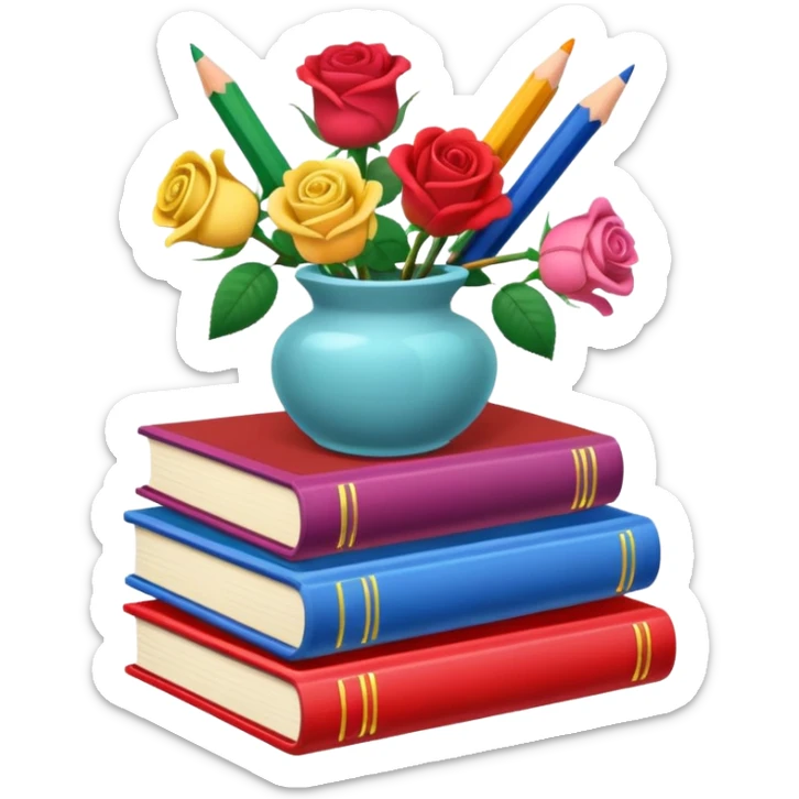 Five colorful books are stacked, along with a pencil holder full of crayons and a vase full of roses. The illustration style is cartoon. sticker