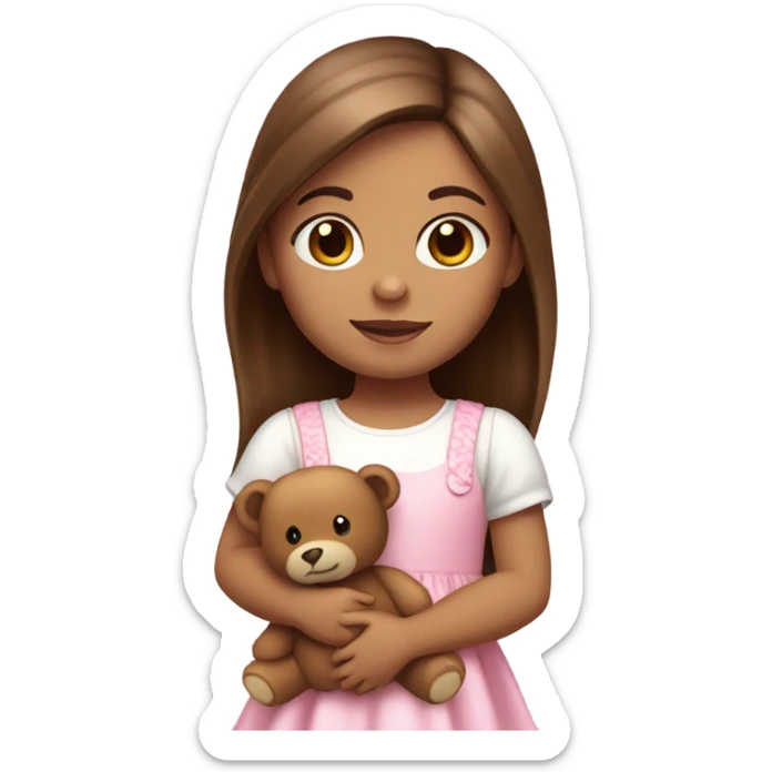 Little Girl with White skin, hazel eyes. Long brown hair with. She is wearing a pink and White dress, standing and holding on to a teddybear. sticker