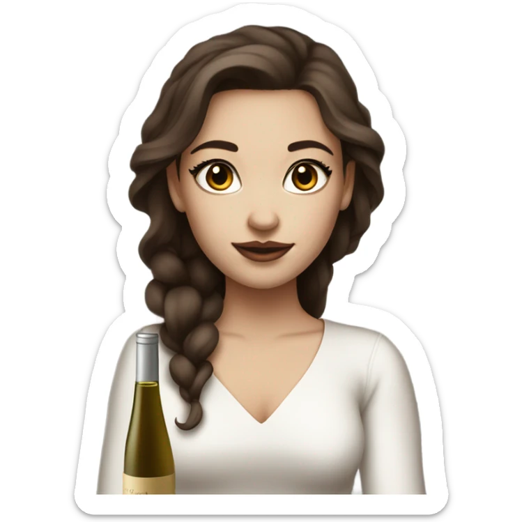 rich girl with white skin, long brown hair, dark eyes, with makeup, with wine sticker