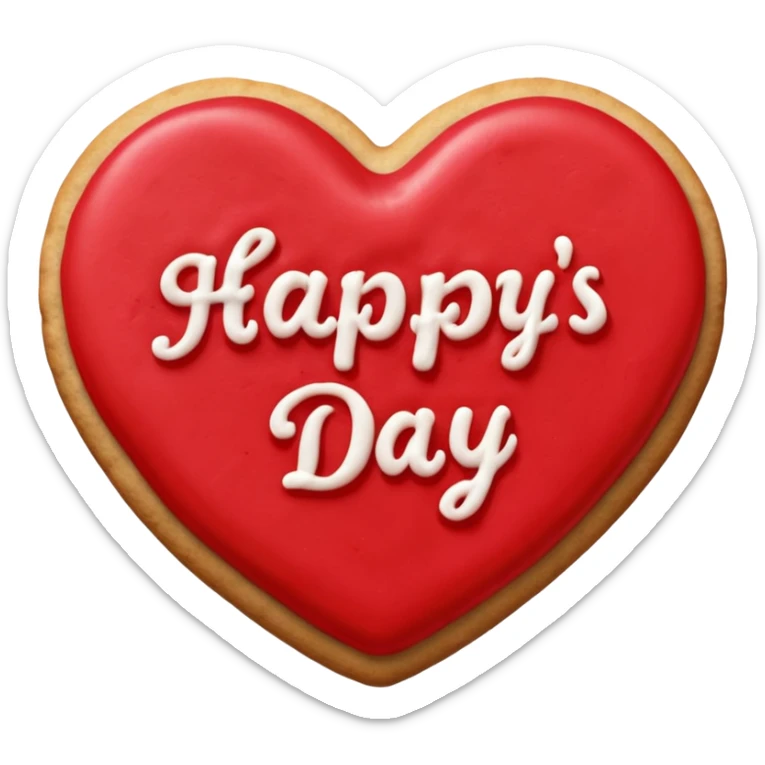 Heart-shaped cookie with red icing emoji, write happy valentine's day on top of the red icing in white icing sticker