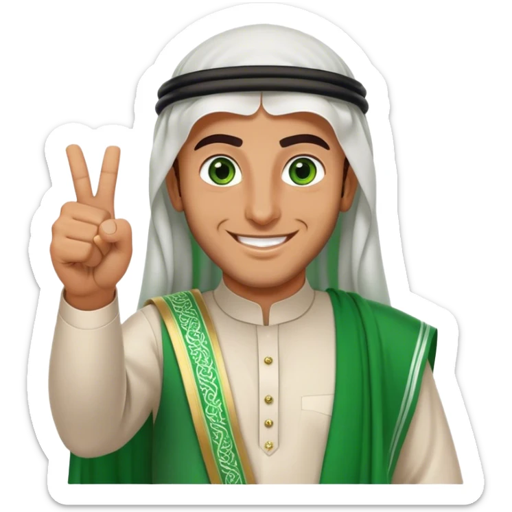 Tanned Arab Saudi man with green eyes, wearing an agal and traditional attire, smiling happily and giving a big thumbs-up sticker
