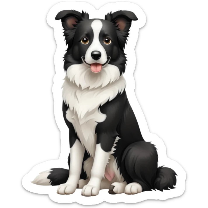 Sitting Border Collie dog with ONLY ONE single black ear, the rest of the dog including the other ear is completely white, extreme contrast between the one black ear and white body sticker