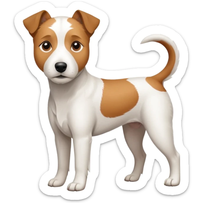 a full body large white parson russell terrier looking dog the size of a kelpie with light brown long ears and a light brown patch on one eye and a large snout sticker