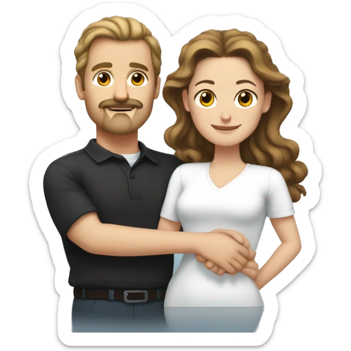 white man with dark brown curly hair and mustache embracing white woman with brown straight hair in a ponytail sticker