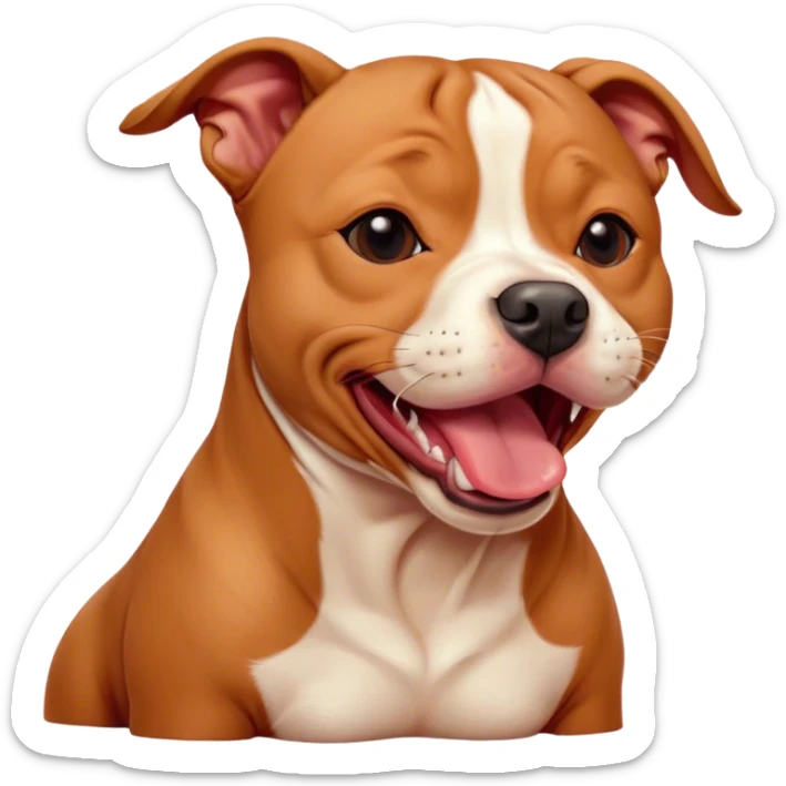 Cinematic Cute Yawning Red/Fawn Staffordshire Bull Terrier Portrait Emoji, Head tilted slightly with a dramatic, wide-open yawn, showcasing a smooth red/fawn Fur with crisp white accents, floppy ears slightly drooping, round dark eyes barely open in drowsy contentment, Simplified yet irresistibly adorable features, highly detailed, glowing with a soft, cozy glow, high shine, relaxed yet expressive, stylized with a touch of whimsy, bright and endearing, soft glowing outline, capturing the essence of a sleepy yet affectionate guardian, so drowsy it feels like it could stretch right out of the screen and curl up for a nap! sticker