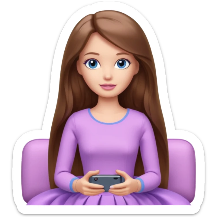 beautiful barbie girl with long brown hair, blue eyes and wearing light purple clothes watching tv shows sticker