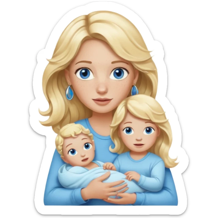 Wavy blonde, white woman with blue eyes, freckles hoop earrings, holding babies sticker