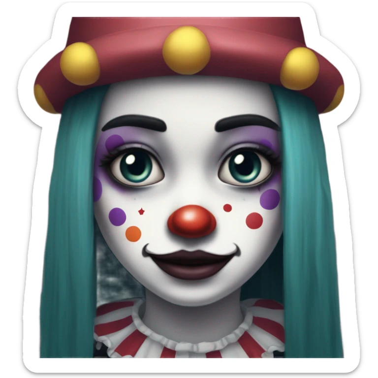 Sad clown girl with clown face paint wearing cap n bells cockcomb jester hat with long straight black hair exaggerated expression on her face  sticker