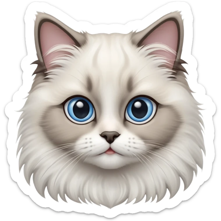 cinematic-adorable-big-eyed-fluffy-ragdoll-cat-portrait-emoji,-head-tilted-playfully-with-a-sweet-expression,-fluffy-white and grey-fur,-simplified-yet-irresistibly-cute-features-with-large,-expression, Large blue eyes sticker